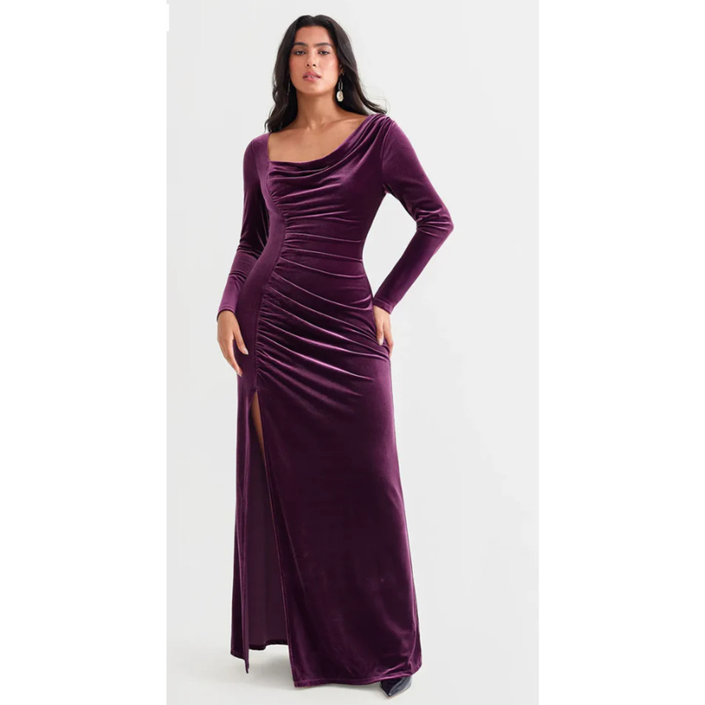 NWT Popilush Velvet Draped Long Sleeve Sculpting Column Gown Sz S‎ Purple Dress